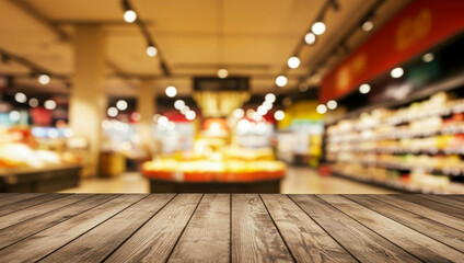 Wooden table surface in focus with a softly blurred supermarket background featuring shelves, products, and perfect for displaying products or advertising retail concepts in a clean modern style.