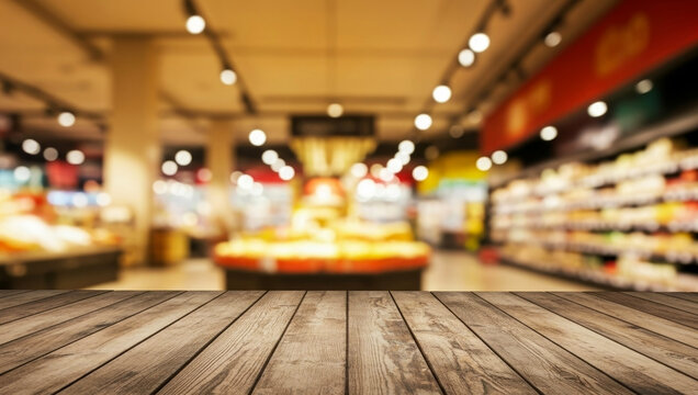 Wooden table surface in focus with a softly blurred supermarket background featuring shelves, products, and perfect for displaying products or advertising retail concepts in a clean modern style.
