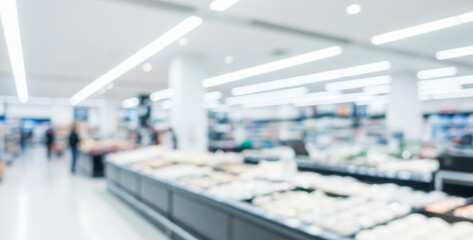 Blurred view of a supermarket aisle lined with fresh produce, colorful packaging, and well-stocked shelves under bright fluorescent lighting, capturing the daily atmosphere of a modern grocery store.