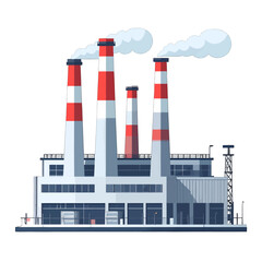 Factory with White and Red Striped Chimneys Releasing Smoke Isolated on White Background
