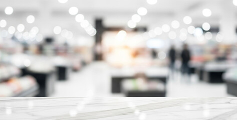 Blurred interior view of a store or shopping mall with bright lighting, featuring shelves, colorful products, and a spacious walkway that conveys a lively modern retail environment.