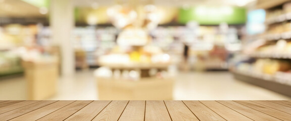 Wooden table surface with blurred background of a store or market interior, featuring warm lighting, colorful product aisles, and a cozy shopping atmosphere that feels realistic and inviting.