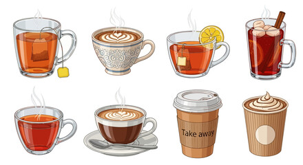 Collection of Various Hot Drinks Coffee, Tea, and Beverages for Cozy Moments & Refreshment