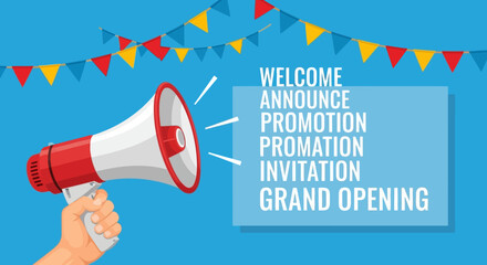 Dynamic Event Announcement Graphic with Megaphone for Grand Openings, Welcome Messages, and Promotional Marketing Campaigns