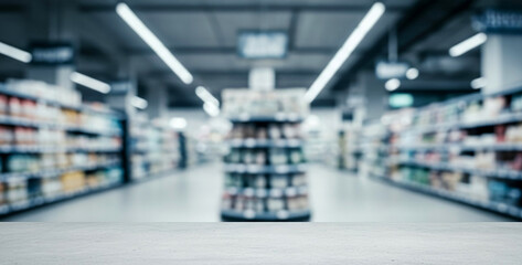Blurred supermarket aisle with shelves full of products in a retail setting, illuminated by soft light reflections that create a sense of spacious, modern, and organized grocery environment.