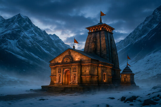 Cinematic shot of Kedarnath Shiva temple with snow mountain, night view of kedarnath temple			