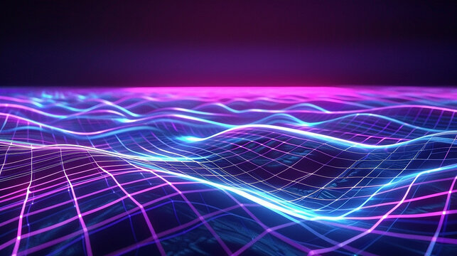 Abstract cybernetic landscape with vibrant neon hues and geometric grid formation