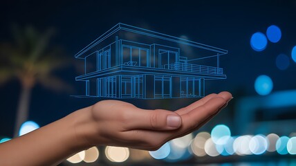 Futuristic House Blueprint in Hand – Digital Architecture and Smart Home Concept