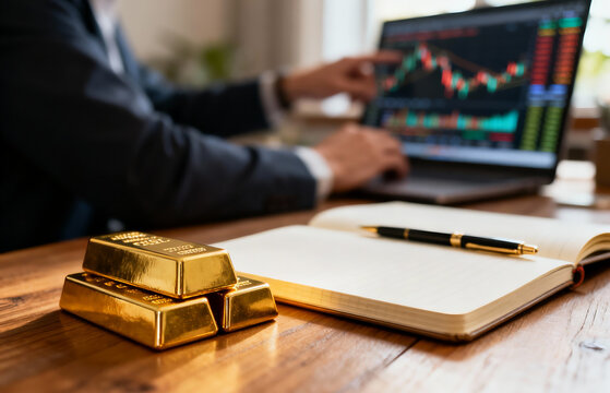 Financial analyst examining stock market trends on a laptop with gold bars and a notebook on a wooden desk - Powered by Adobe