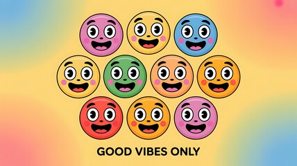 Colorful Smiley Faces Pyramid – Positive Message 'Good Vibes Only' on Pastel Background