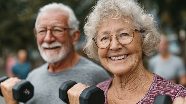 Happy elderly couple exercising outdoors with dumbbells in park