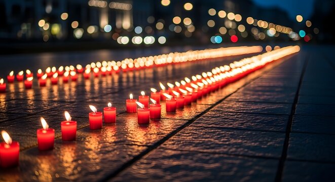 Numerous red candles glowing and reflecting light creating a warm and vibrant atmosphere at night