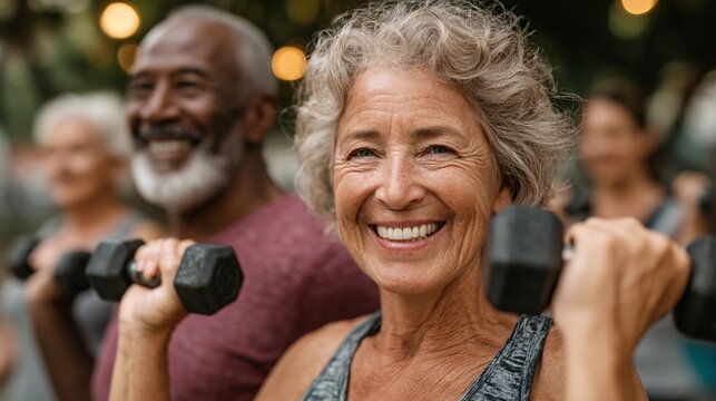 Joyful seniors exercising outdoors with dumbbells in fitness class - Powered by Adobe