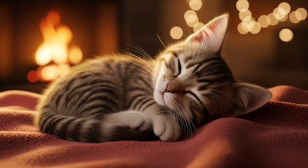 Adorable tabby kitten peacefully sleeping on a soft red blanket in front of a warm, blurry fireplace, creating a cozy and serene atmosphere perfect for a winter evening