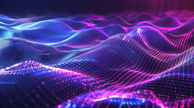 Abstract landscape of pulsating digital network, connection of dots and lines