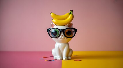 Playful Cat Figurine with Oversized Glasses and Bananas – Surreal Pop Art Composition