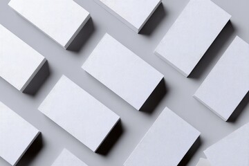 Obraz premium Overhead shot of several rectangular, white business cards arranged on a light gray surface