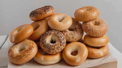 Assorted Bagels Stacked on Rustic Wooden Surface – Bakery Style Food Presentation