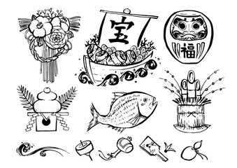 正月　筆 線画 イラスト セット　ベクター