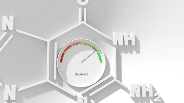 Chemical structural formula of guanine - DNA and RNA nitrogen base. Meter with level scale. Concept of medicine and pharmacy.
