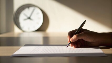 A hand writing on paper with a clock in the background, symbolizing time management and productivity.