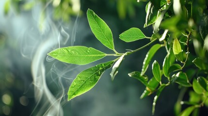Obraz premium Fresh Green Leaves with Gentle Smoke Background in Soft Natural Light for Nature and Wellness Themes