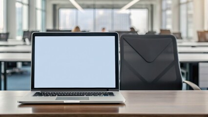 Fototapeta premium Modern office setting featuring a laptop and a chair, ready for work in a bright environment.