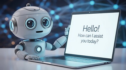 Cartoon AI Robot with Laptop – Friendly Assistant in Futuristic Digital Network