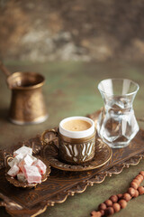 Cup of coffee and glass of water and dry dates on saucer ready to eat for iftar time. Islamic religion and ramadan concept.