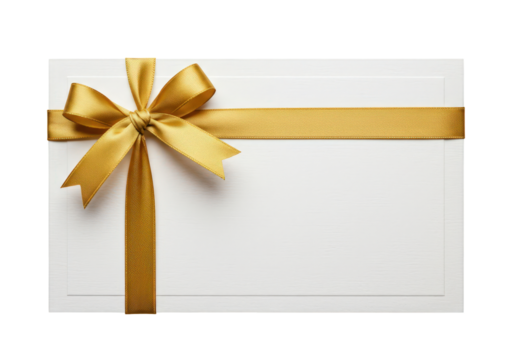 Elegant Gift Card with Golden Bow and Ribbon on a White Background for Celebratory Occasions