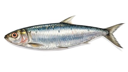 Fresh sardine fish isolated on white reflective surface with detailed scales