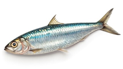 Fototapeta premium Fresh sardine fish isolated on white reflective surface with detailed scales