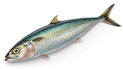 Fresh sardine fish isolated on white reflective surface with detailed scales