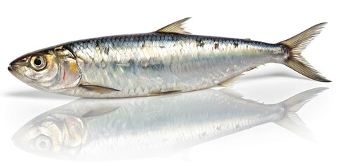 Fresh sardine fish isolated on white reflective surface with detailed scales