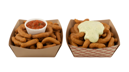 Two paper trays filled with french fries and dipping sauces, isolated on transparent background