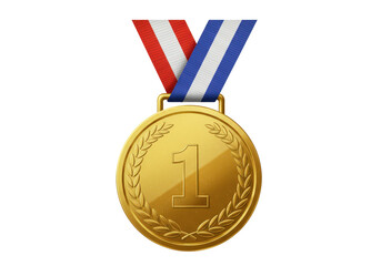 Gold Medal Award for First Place Achievement with a Red and Blue Ribbon on a Transparent Background