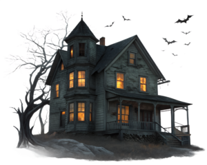 Old spooky haunted house with glowing windows, bats flying around, dark silhouette style