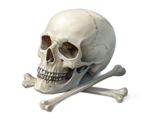 White human skull with crossbones underneath, slight shadow and lighting, horror Halloween theme,