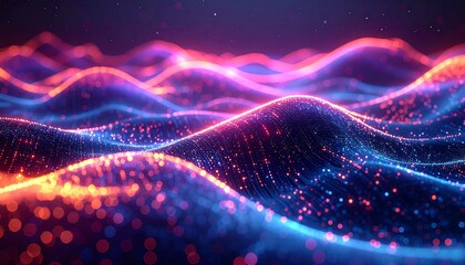 Abstract rendering of undulating waves with glowing red and blue particles