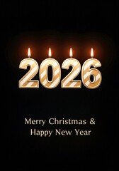 happy new year, 2026 Happy New Year greeting card vector background. 2026 candle beige numbers with fire on black. Festive sparkle holiday postcard, invitation, banner for social media.