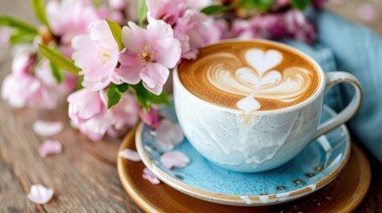 Delightful cup of latte art with heart design surrounded by blooming flowers and serene table setting