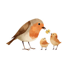Watercolor Mother Bird Feeding Baby Chicks Illustration.