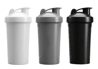Set of Three Shaker Bottles in Black Gray and White with Transparent Background for Fitness