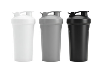 Set of Three Shaker Containers in Black Gray and White with Screw-On Lids for Fitness and Nutrition