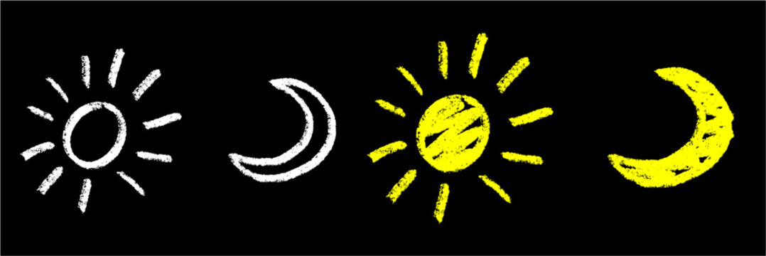Set chalk hand-drawn moon and sun vector. Ideal for weather, day and night, and celestial themes. This graphic set symbolizes time, astronomy, and cosmic elements with a unique, sketchy aesthetic.