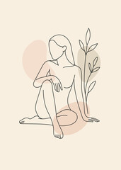 minimalist artistic portrait of a seated woman, lines, leaves, organic shapes, boho, modern, Scandinavian. black, pink, green