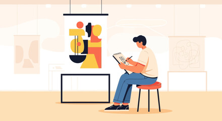 Fototapeta premium Artist Sketching In An Art Gallery, Observing And Reproducing Creative Masterpieces