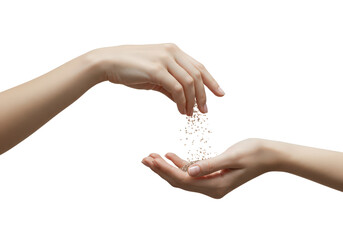 Two Hands Engaging in a Delicate Transfer of Golden Particles on a Transparent Background