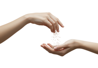 Two Hands Engaging in a Delicate Transfer of Golden Particles on a Transparent Background