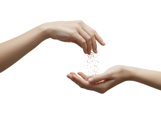 Two Hands Engaging in a Delicate Transfer of Golden Particles on a Transparent Background
